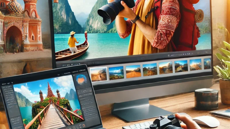 A visually engaging thumbnail featuring a professional travel photographer reviewing photos on a camera while surrounded by iconic travel destinations.