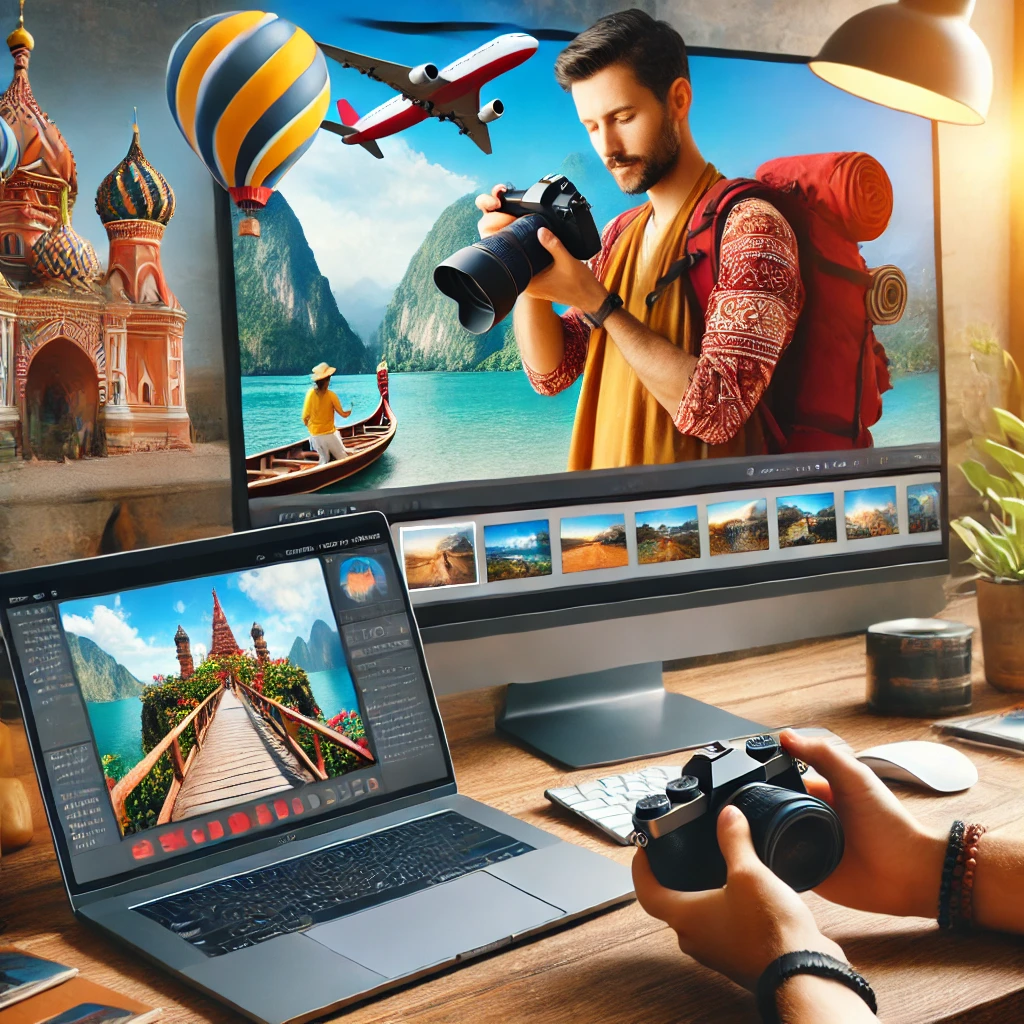 A visually engaging thumbnail featuring a professional travel photographer reviewing photos on a camera while surrounded by iconic travel destinations.