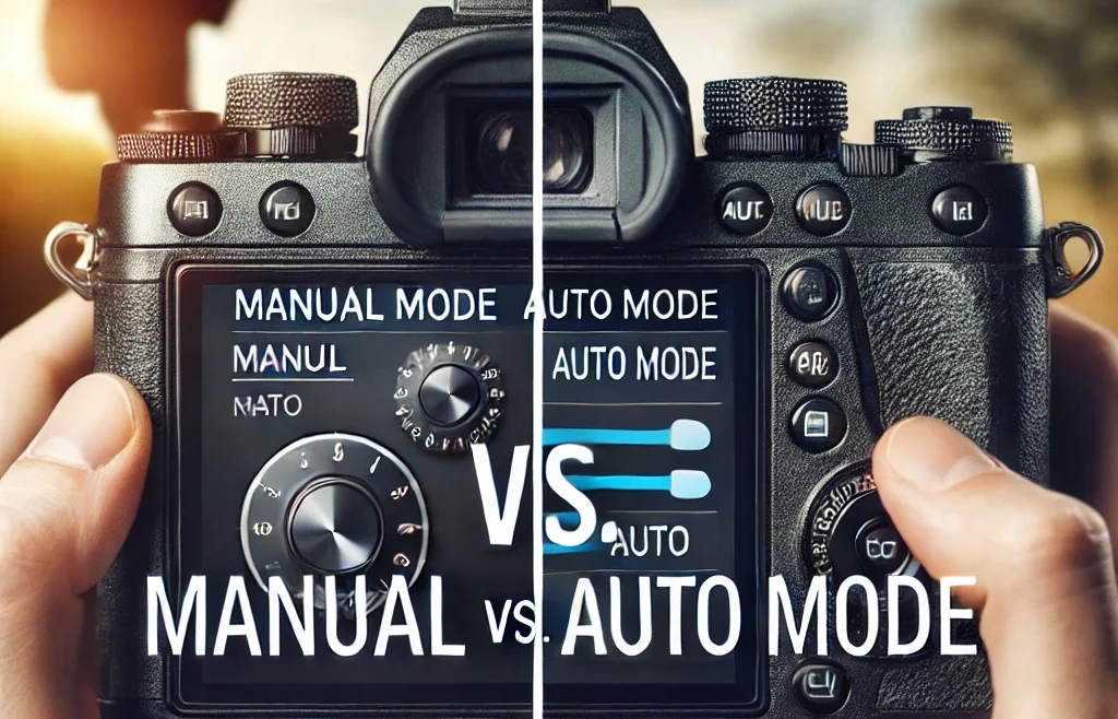 A visually striking thumbnail comparing Manual Mode and Auto Mode in photography. The image features a split-screen design_ on the left, a camera.