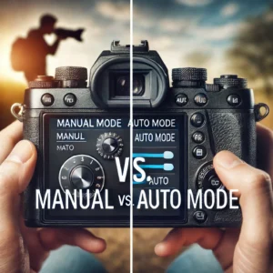 A visually striking thumbnail comparing Manual Mode and Auto Mode in photography. The image features a split-screen design_ on the left, a camera.