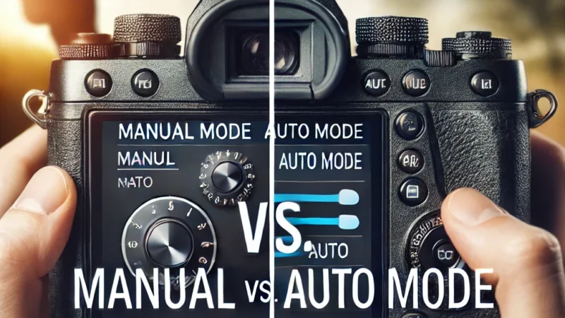 A visually striking thumbnail comparing Manual Mode and Auto Mode in photography. The image features a split-screen design_ on the left, a camera.