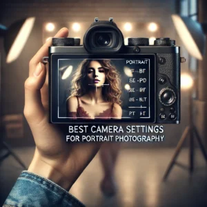A visually striking thumbnail featuring a DSLR camera screen displaying portrait settings, with a blurred background of a well-lit studio and a model.
