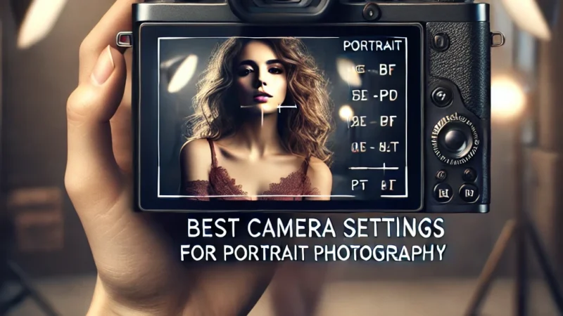 A visually striking thumbnail featuring a DSLR camera screen displaying portrait settings, with a blurred background of a well-lit studio and a model.