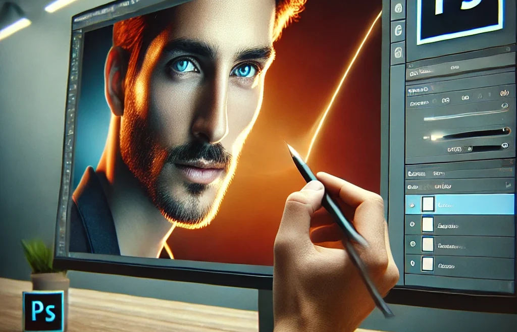 A visually striking thumbnail featuring a close-up of a professional photographer editing a portrait on a computer screen.