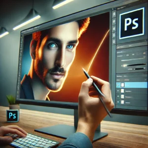 A visually striking thumbnail featuring a close-up of a professional photographer editing a portrait on a computer screen.