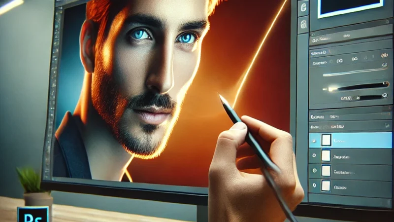 A visually striking thumbnail featuring a close-up of a professional photographer editing a portrait on a computer screen.