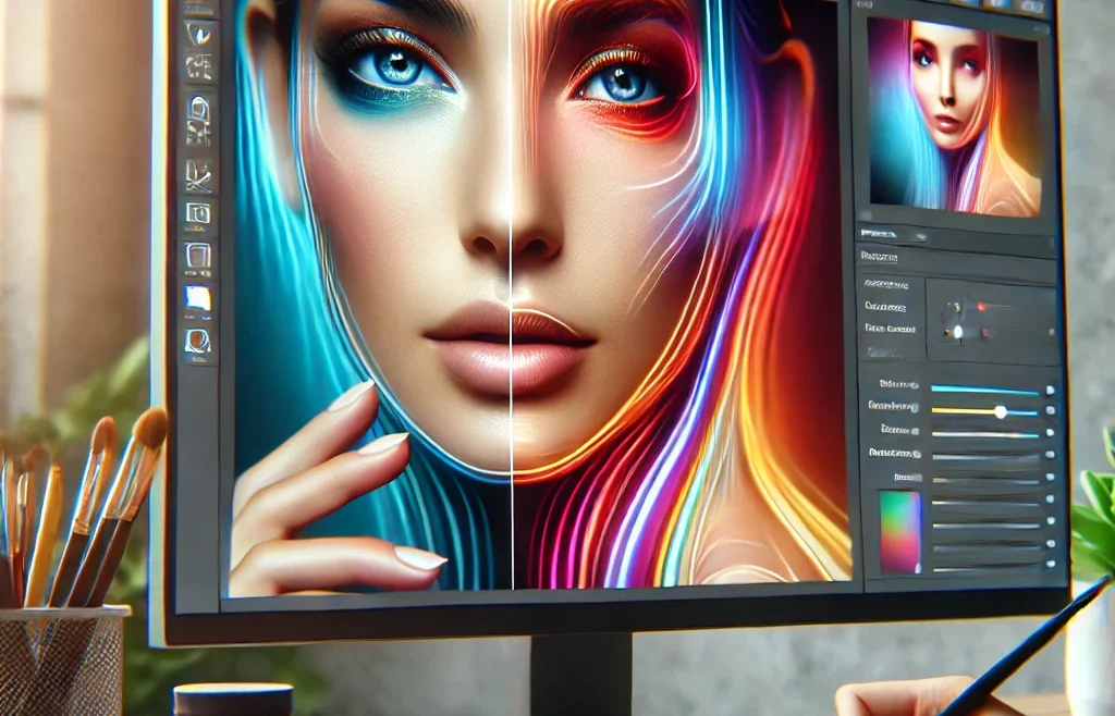 A visually striking thumbnail featuring a computer screen displaying an AI-powered portrait editing software interface.