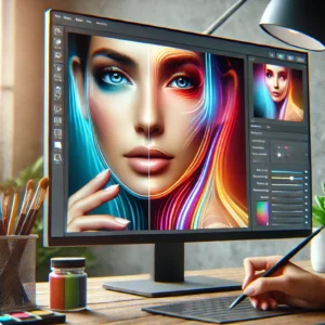 A visually striking thumbnail featuring a computer screen displaying an AI-powered portrait editing software interface.