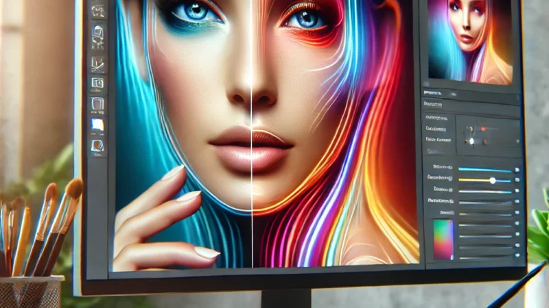 A visually striking thumbnail featuring a computer screen displaying an AI-powered portrait editing software interface.