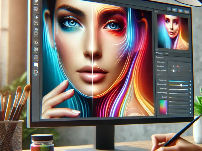 A visually striking thumbnail featuring a computer screen displaying an AI-powered portrait editing software interface.