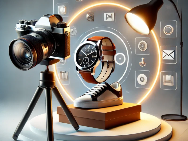 A visually striking thumbnail featuring a high-quality product photography setup. The image showcases a professional camera on a tripod.
