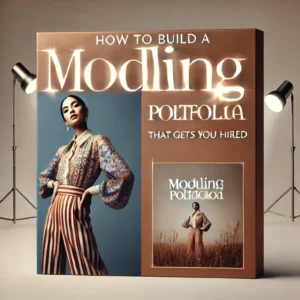 A visually striking thumbnail featuring a professional model posing confidently with a high-quality portfolio in hand. The background includes soft light.