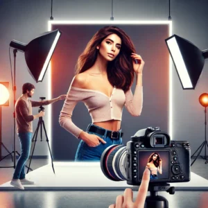 A visually striking thumbnail featuring a professional modeling photoshoot setup. A model posing confidently in a well-lit studio with a high-end DSLR.