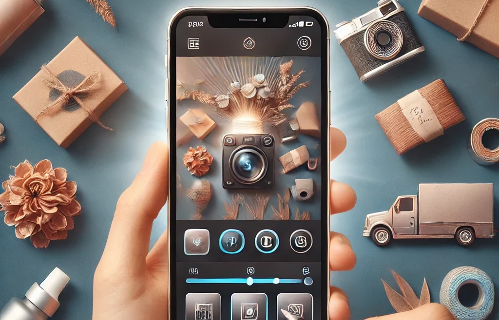 A visually striking thumbnail featuring a smartphone displaying a product photography editing app interface, surrounded by high-quality product images.