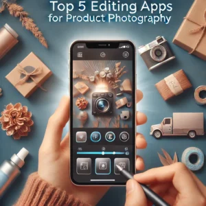 A visually striking thumbnail featuring a smartphone displaying a product photography editing app interface, surrounded by high-quality product images.