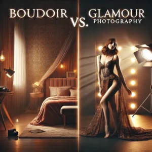 A visually striking thumbnail featuring a split-screen image comparing boudoir and glamour photography. On the left, a soft-lit, intimate boudoir setting.