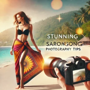 A visually stunning thumbnail featuring a professional model wearing a vibrant sarong on a tropical beach, with a professional photographer capturing stunning model on beach in sarong - beach wrap.