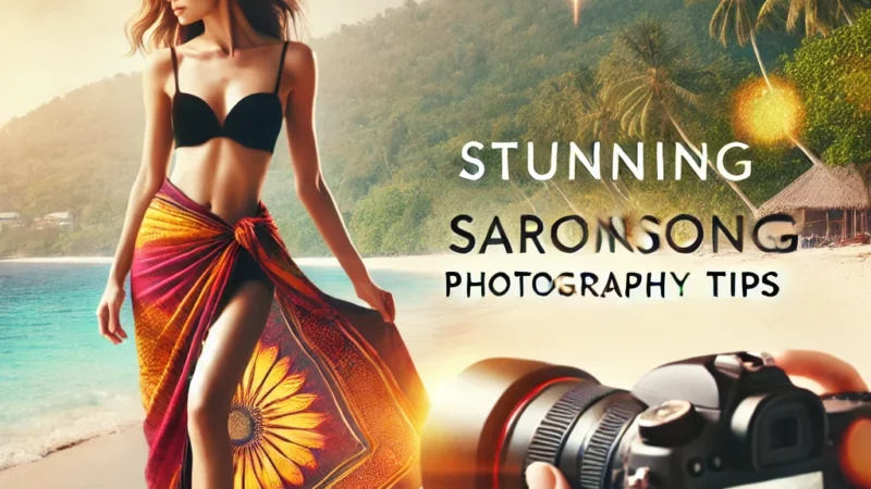 A visually stunning thumbnail featuring a professional model wearing a vibrant sarong on a tropical beach, with a professional photographer capturing stunning model on beach in sarong - beach wrap.
