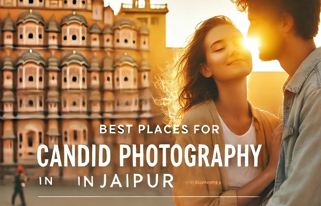 A visually stunning thumbnail showcasing candid photography in Jaipur. The image features a couple enjoying a natural, unscripted moment in front of hawa mahal.